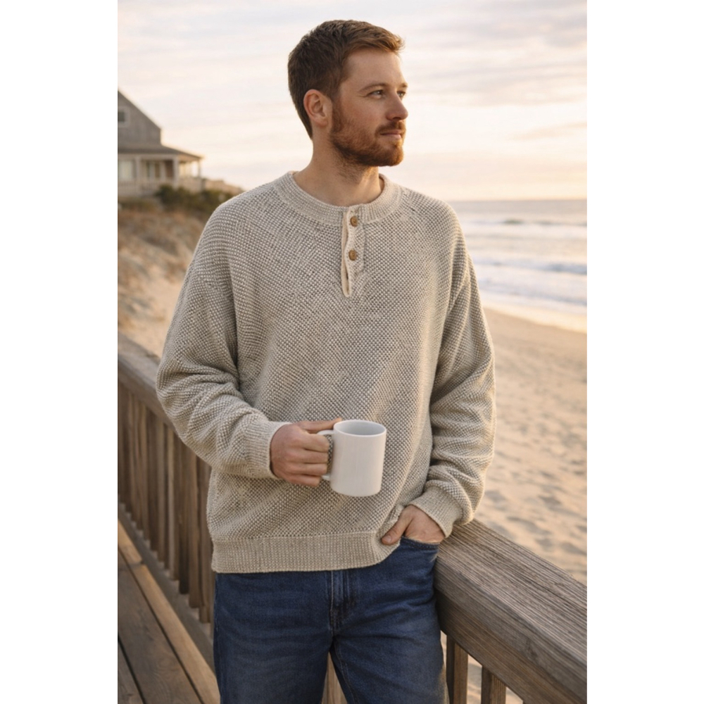 Peconic Bay Traders Waffle Knit Henley Sweater Men’s XL Made in USA